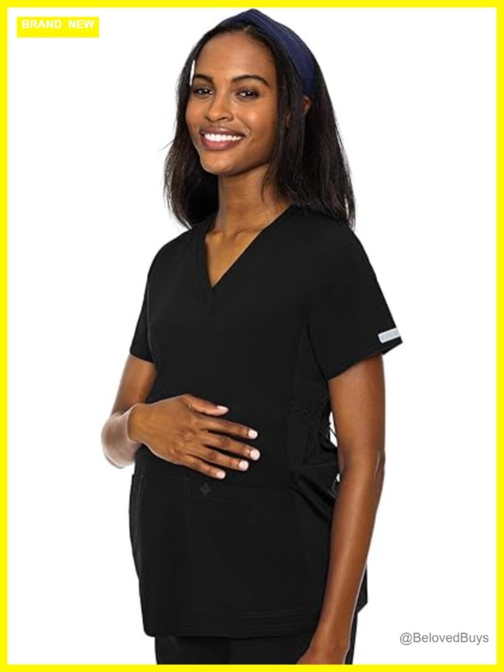 Maternity V-Neck Scrub Top, 2 Pockets, Stretchy Side Panels